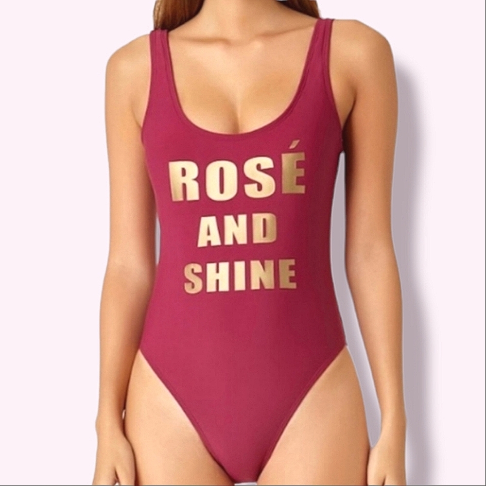 CALIFORNIA SUNSHINE | Women's maroon with gold text swimsuit. Size medium